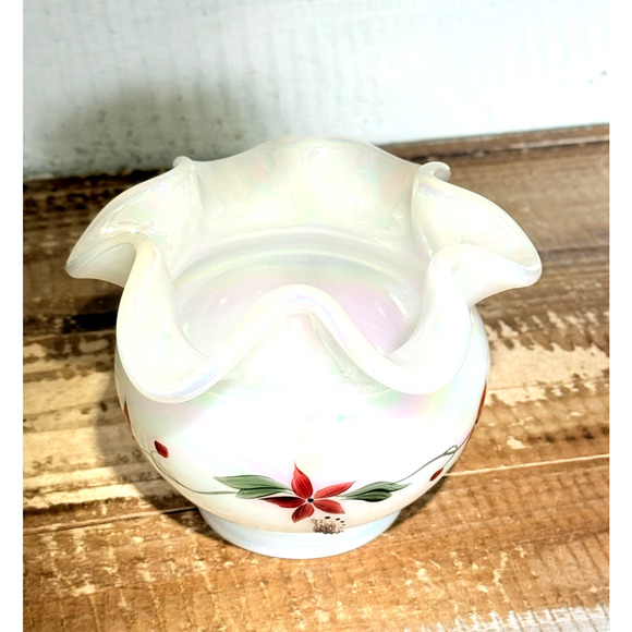 Vintage Fenton Iridescent Hand Painted Poinsettia Ruffled Vase Signed T. Watson - Picture 2 of 7